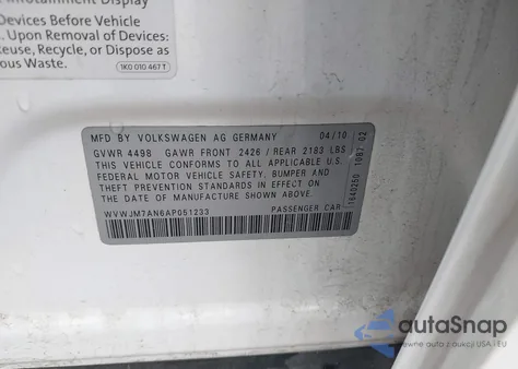 2010 Volkswagen Passat Komfort from USA, damaged, VIN WVWJM7AN6AP051233